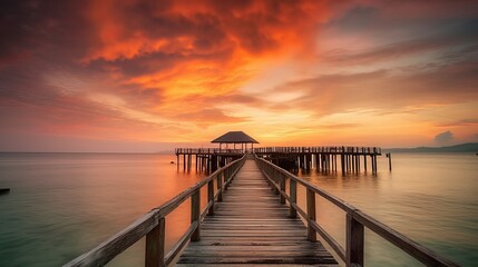 Fototapeta na wymiar Sunset In Phuket Thailand Wooden Pier Fire Sky Red Clouds Ultra