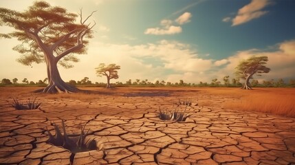 Dead trees on dry cracked earth metaphor Drought, Water crisis and World Climate change, Generative AI