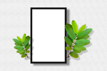 Minimal photo frame mockup with green leaves tree twig