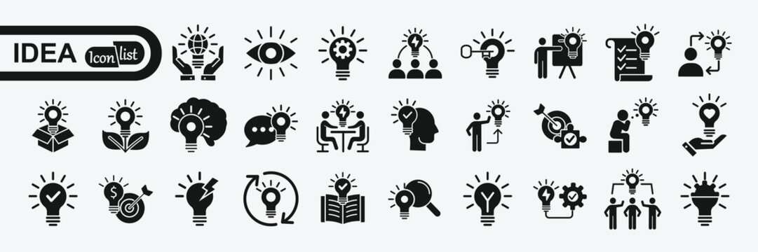 Idea Icon Set. Creative Idea, Brainstorming, Solution, Thinking And Innovation Icons. Lightbulb With Brain Symbol Vector Illustration. Solid Icon Collection.