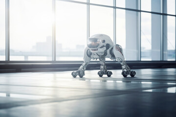 Generative AI. mini white robot in big hall . new future technology, futuristic and technology concept. 