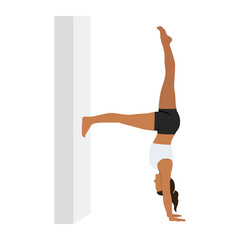 Half Handstand at Wall, Side Plank Variation Half Handstand at Wall. Woman practice Kapinjalasana, Vasisthasana Variation Hand To Toe Knee Bent.