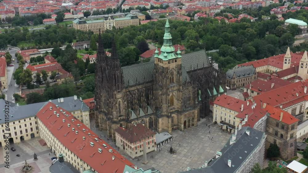 Sticker Prague Old Town with St. Vitus Cathedral and Prague castle complex with buildings revealing architecture from Roman style to Gothic 20th century. Prague, capital city of the Czech Republic. Drone, 4k.