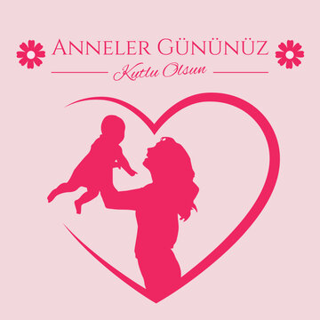Happy Mother's Day Greeting Card. Pink design element vector. Translate: Anneler G&uuml;n&uuml;n&uuml;z Kutlu Olsun Vekt&ouml;r Tebrik Kartı.