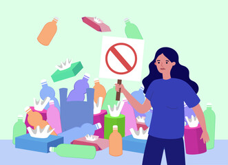 Ecology activist with placard banning plastic and wet wipes. Woman with stop sign, ban on plastic waste in England due to water pollution vector illustration. Environment, ecology concept
