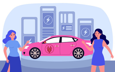 Women advertising new electric car vector illustration. Cartoon drawing of advertisers promoting new batteries for electric vehicles. Automotive industry, technology, transportation concept - obrazy, fototapety, plakaty