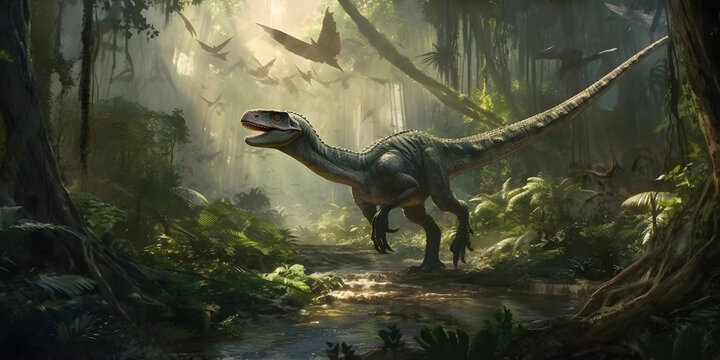 image of nature and walking dinosaurs. Generative AI 