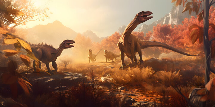 image of nature and walking dinosaurs. Generative AI 