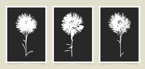 Silhouette art poster. Collection of aesthetic modern posters. White flowers on black backgroand. Vector minimalism illustration. For printing, wall decor, prints, postcard. 