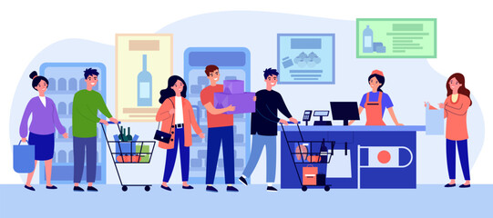 Queue of buyers at checkout in supermarket vector illustration. Cartoon drawing of customers with shopping carts and groceries standing in line, cashier at counter. Shopping, communication concept