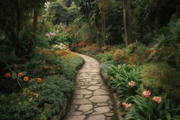 Beautiful Path in Botanical Garden with Blooming Flowers and Plants