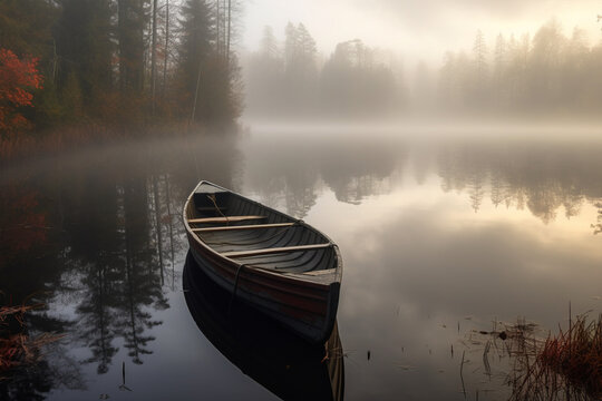 foggy morning in the lake with rowboat made with generative ai