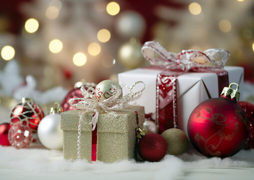 AI-generated image of Christmas presents and ornaments with a soft-focus background with warm bokeh lights.Merry Christmas seasonal greeting card design.