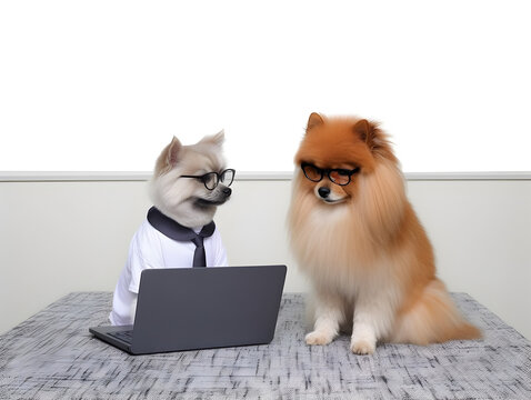Pet dogs with eyeglasses and laptops. AI generated image.