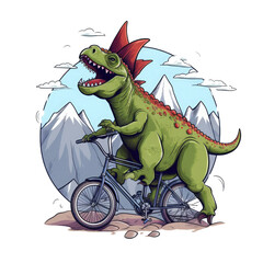 Fototapeta na wymiar A humorous and quirky dinosaur t-shirt design featuring a Triceratops riding a bicycle, with a mountain range in the background, Generative Ai