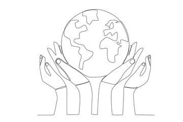 Hands protect the earth. World population one-line drawing