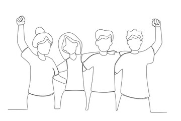 Group of happy people embracing each other. World population one-line drawing