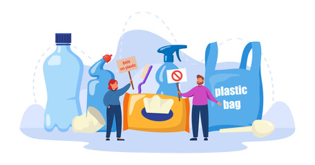 Fototapeta premium Tiny people with ban on plastic placards vector illustration. Cartoon drawing of ecology activists, huge plastic bottles, bag and wet wipes. Environment, ecology, water pollution concept