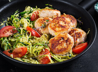 Zucchini spaghetti pasta  with chicken meatballs in pan.