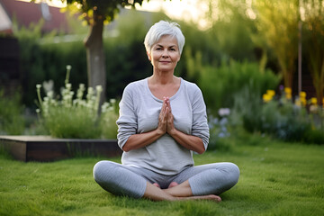Middle-aged woman, 50, with gray hair, practices yoga in garden, generative AI. - obrazy, fototapety, plakaty