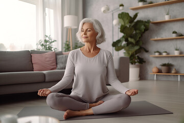 Middle-aged woman, 50, with gray hair, practicing yoga at home in living room, generative AI. - obrazy, fototapety, plakaty