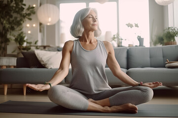 Middle-aged woman, 50, with gray hair, practicing yoga at home in living room, generative AI.