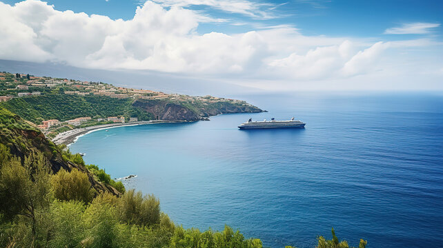 Shoreline landscape with cruise ship on the horizon Atlantic Ocean. Generative ai