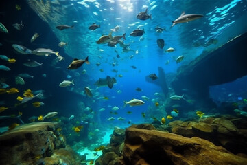Fototapeta na wymiar Underwater Scene With Exotic Fishes. AI generated content