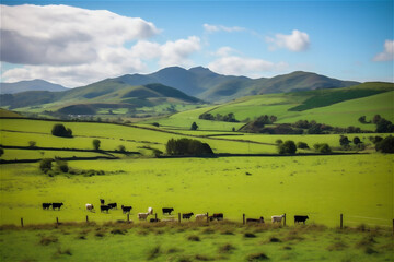 Fototapeta na wymiar Herd of cows grazing in Alps. AI generated content