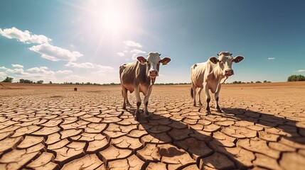 cows walking on dry cracked earth looking for fresh water due lack of rain, an impact of drought and World Climate change, Generative AI - obrazy, fototapety, plakaty
