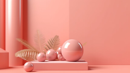 3D podium on pink pastel background and levitating balls. Generative ai