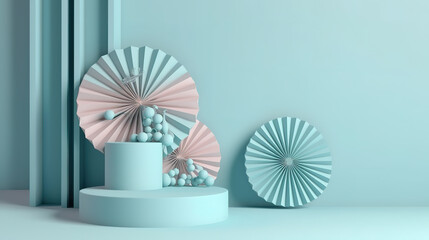 3D podium display light blue pastel trendy background. Generative ai