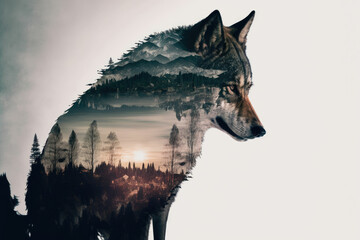 Double exposure head wolf and a forest ,made with Generative AI