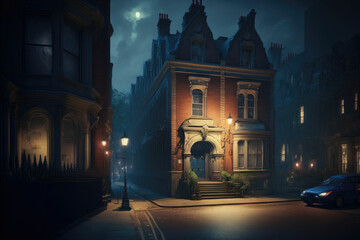 Fototapeta premium Old European city street landscape, night city in the rain painting, historical cityscape, London street of 19th century ,made with Generative AI
