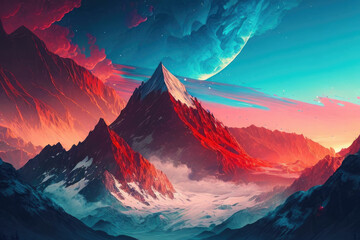 Mountains with beautiful red and blue sky, nature, mountains ,made with Generative AI