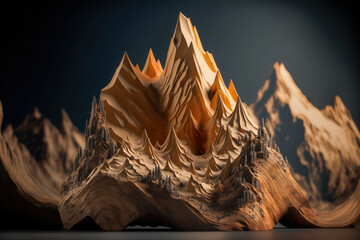 Abstract old fashioned wood sculpture of a mountain, elegant shape ,made with Generative AI