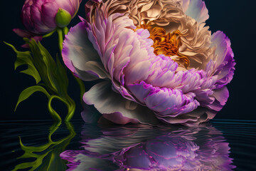 Obraz na płótnie Canvas Exquisite baroque-victorian bouquet of pink-and-white peonies and roses, water reflection ,made with Generative AI