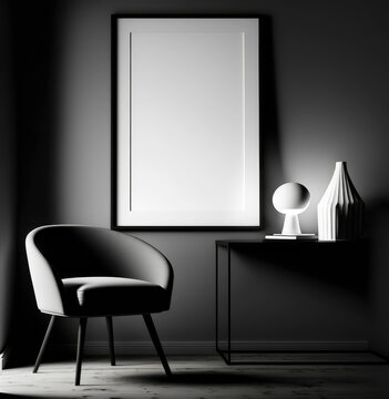 Minimalistic monochrome interior with chair, table and blank painting ,made with Generative AI