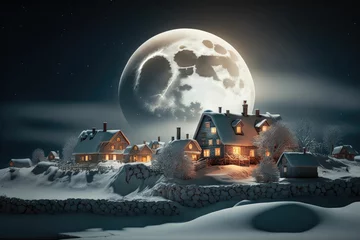 Poster Winter in the village, landscape with christmas decorations and big snow © DNY3D