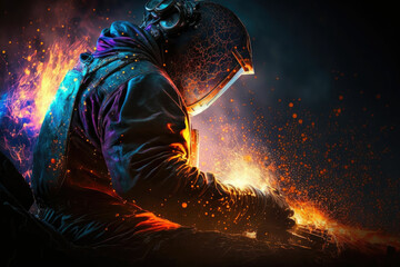 Fototapeta Welder is welding metal , industry them bokeh and sparkle background ,made with Generative AI obraz
