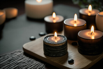 Fototapeta na wymiar Candles and black hot stone on wooden background. Hot stone massage setting lit by candles. Beauty spa treatment and relax concept ,made with Generative AI