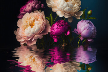 Exquisite baroque-victorian bouquet of pink-and-white peonies and roses, water reflection ,made with Generative AI