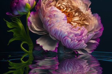 Exquisite baroque-victorian bouquet of pink-and-white peonies and roses, water reflection ,made with Generative AI