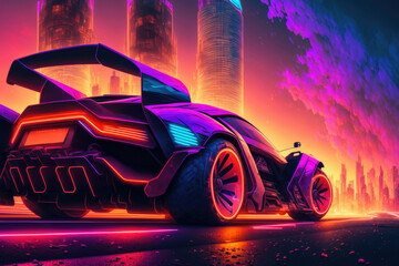 Supersport car parked on the street at cyberpunk city illuminated with neon light ,made with Generative AI