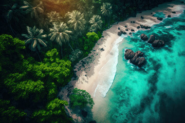 Fototapeta na wymiar Sea waves pounding on a sandy beach, aerial view with jungle forest ,made with Generative AI