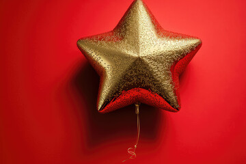 A gold star shaped balloon on a red background ,made with Generative AI