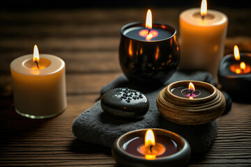 Obraz na płótnie Canvas Candles and black hot stone on wooden background. Hot stone massage setting lit by candles. Beauty spa treatment and relax concept ,made with Generative AI