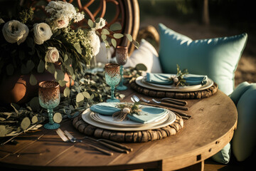 Fototapeta na wymiar A romantic backyard wedding reception with a rustic wooden table decorated ,made with Generative AI