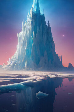 Alien planet with frozen ice rocks under the night sky