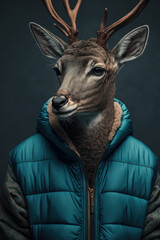 Deer in a man's jacket ,made with Generative AI